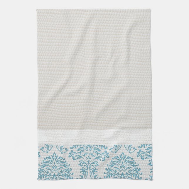 Blue Filigree Damask Kitchen Dish Towel (Vertical)