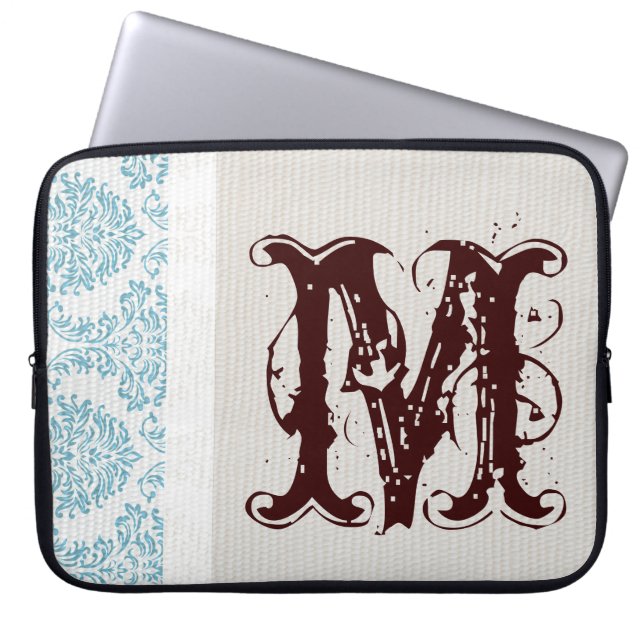Blue Filigree Damask Monogram 15" Laptop Case (Front)