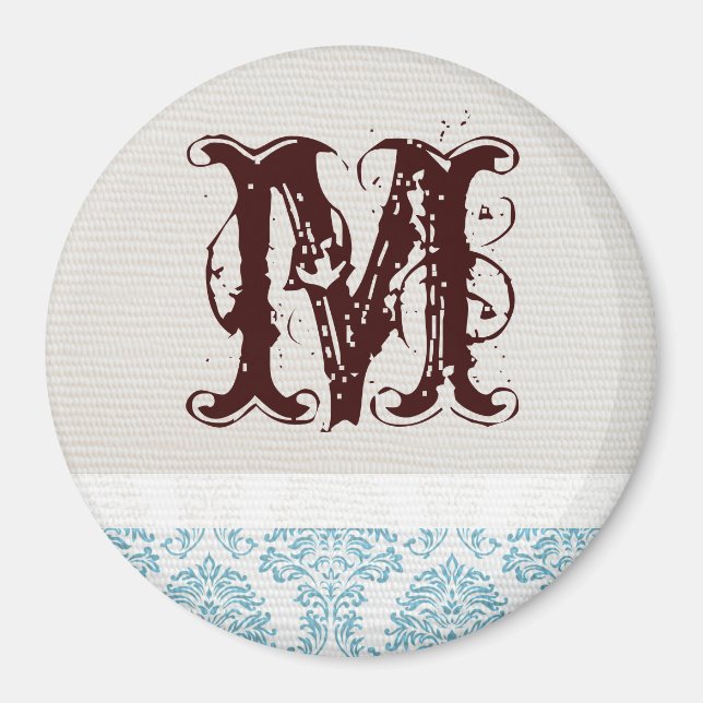 Blue Filigree Damask Monogram Initial Magnet (Front)