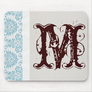 Blue Filigree Damask Monogram Initial Mouse Pad