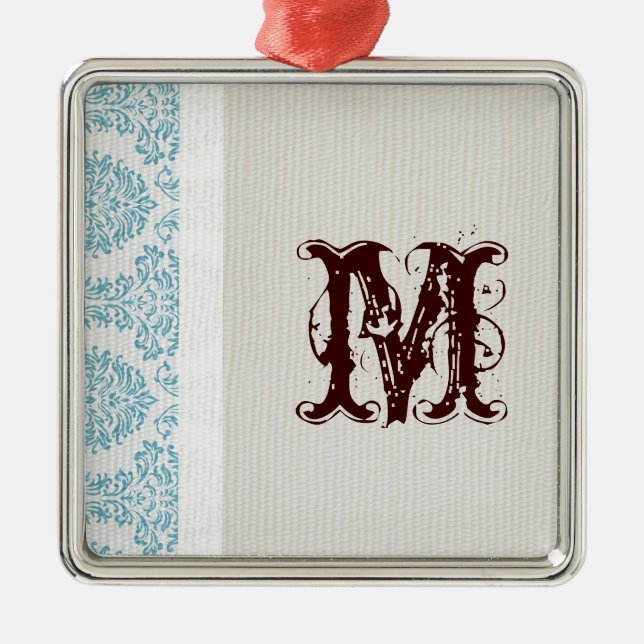 Blue Filigree Damask Monogram Initial Ornament (Front)