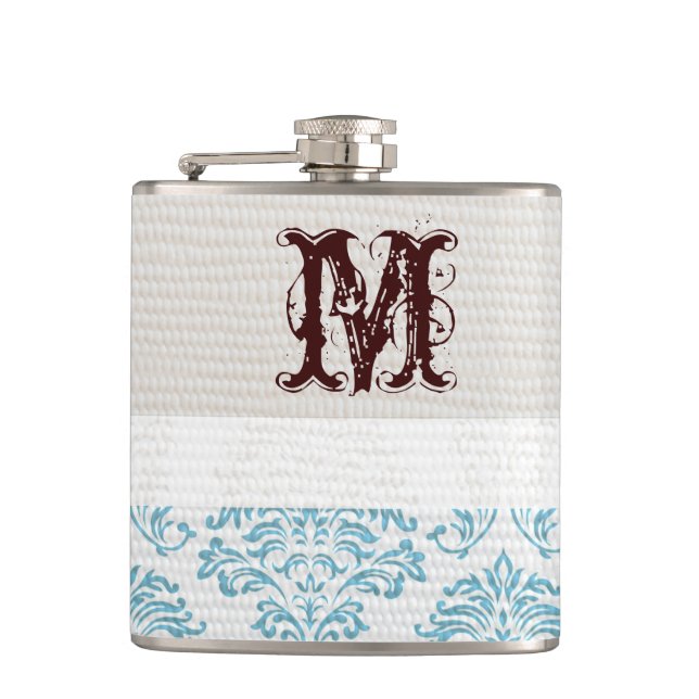 Blue Filigree Damask Monogram Whiskey Flask (Front)