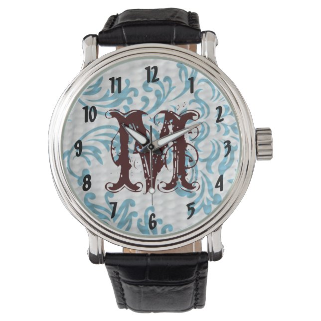 Blue Filigree Damask Wrist Watch (Front)