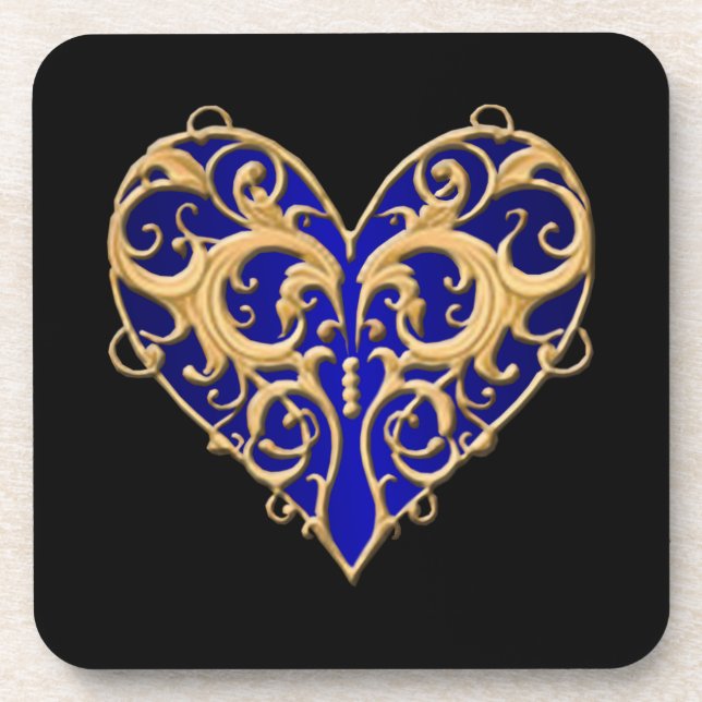 Blue Filigree Heart Coasters (Front)