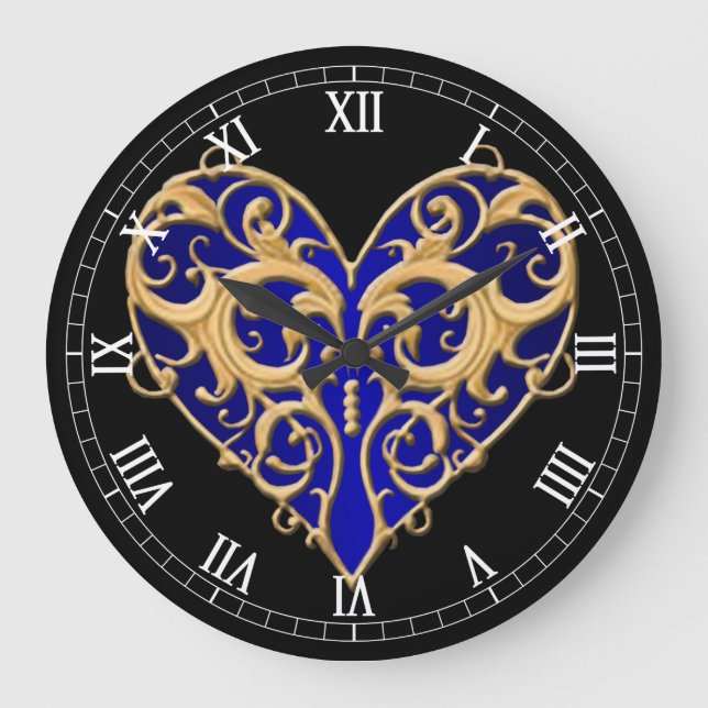 Blue Filigree Heart Roman Numeral Clock (Front)