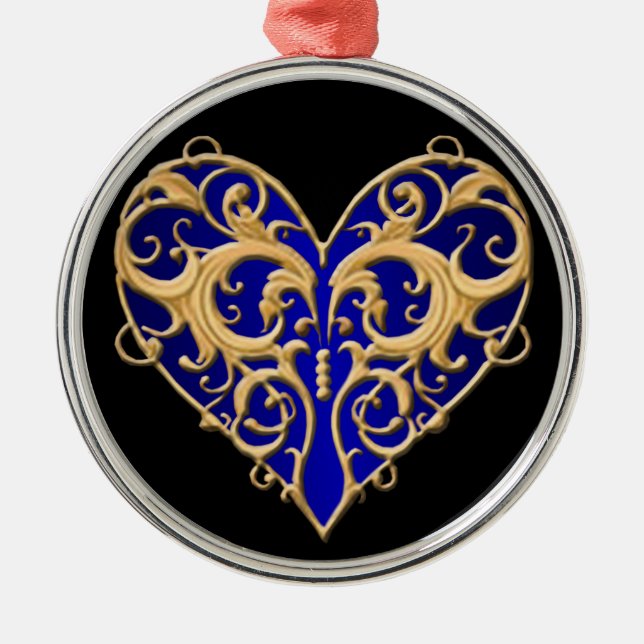 Blue Filigree Heart Round Ornament (Front)