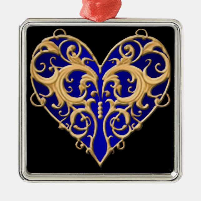 Blue Filigree Heart Square Ornament (Front)