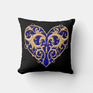 Blue Filigree Heart Throw Pillow
