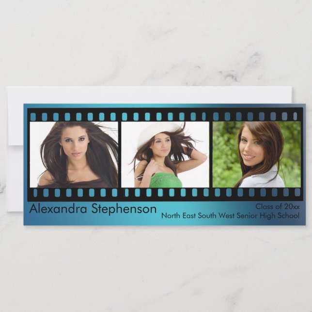 Blue Filmstrip Graduation 3-Photo Invitation (Front)
