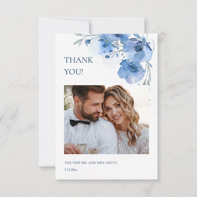 Blue Fine Art Flowers Wedding Thank You Card (Front)