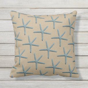 Blue Finger Starfish Pattern On Sand Coloured Cushion