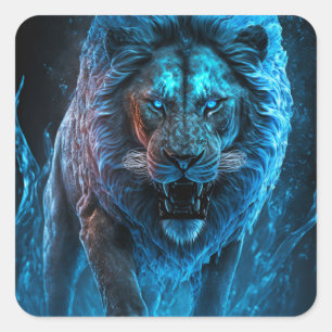 Blue Fire Lion Square Sticker
