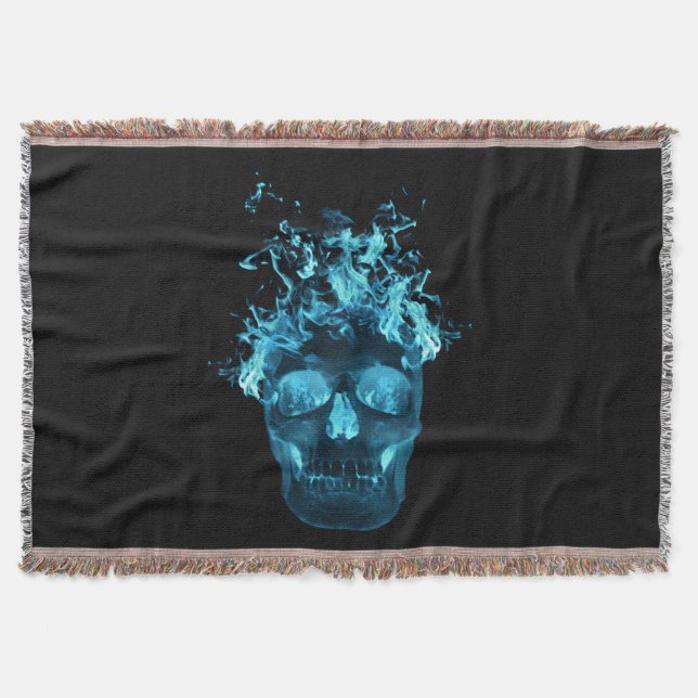 Blue Fire Skull Throw Blanket (Front)