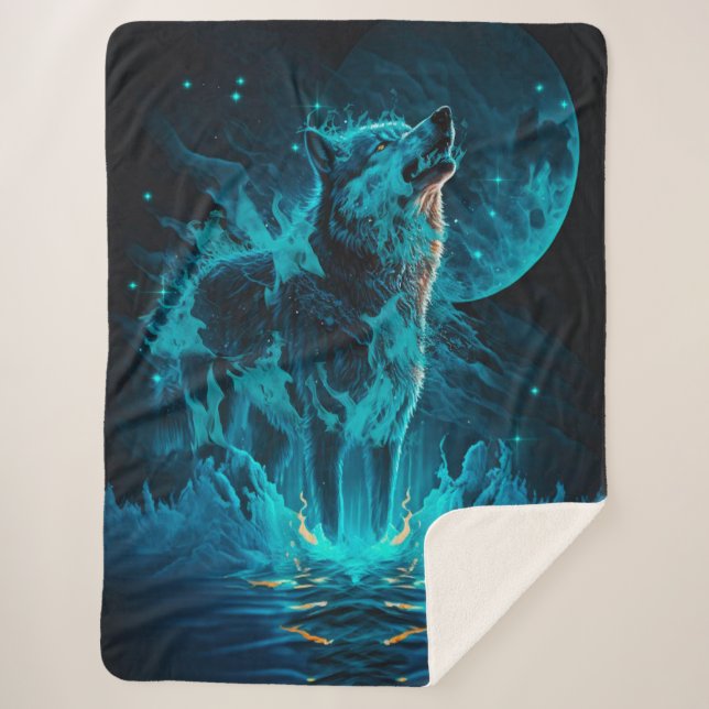 Blue Fire Wolf Sherpa Blanket (Front)