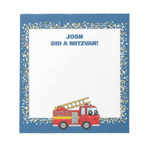 Blue FirefIghter Fire Truck Personalised Mitzvah Notepad