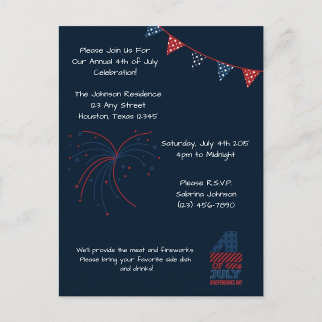 Blue Fireworks 4th of July Party Invitation (Front)