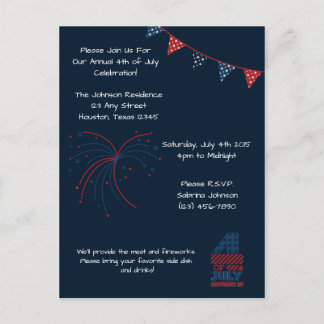 Blue Fireworks 4th of July Party Invitation Postcard