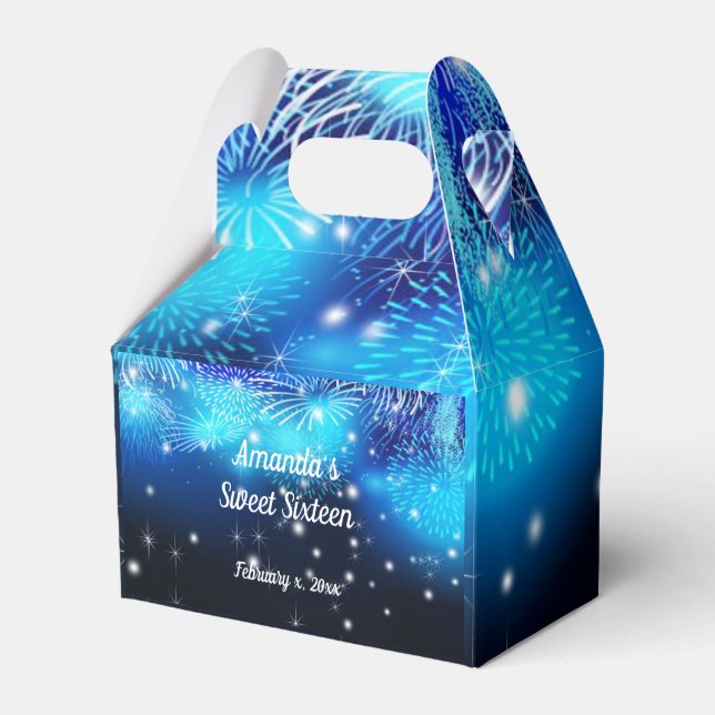 Blue Fireworks, Black, Sparkle, Sweet Sixteen, Favour Box (Front Side)