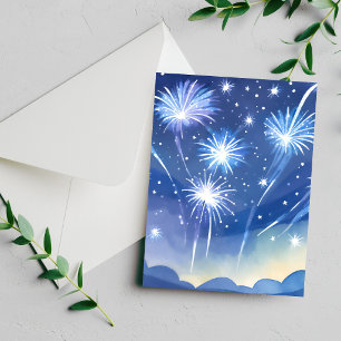 Blue Fireworks   Firework Celebration Watercolor Holiday Card
