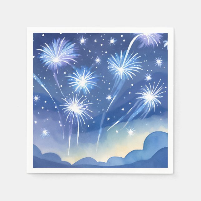 Blue Fireworks | Firework Celebration Watercolor Napkin (Front)