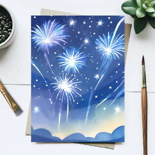 Blue Fireworks   Firework Celebration Watercolor Postcard