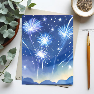 Blue Fireworks   Firework Celebration Watercolor Postcard
