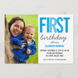 Blue First Birthday Typography Polka Dots Photo Invitation