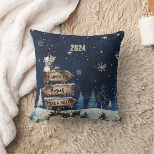 Blue First Christmas Couple Newlyweds Mountain Cushion