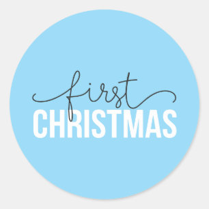 Blue "First Christmas" Modern for New Parents Classic Round Sticker