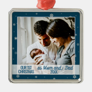blue first Christmas mom & dad photo snowflakes Metal Tree Decoration