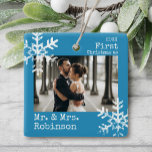 Blue First Christmas Mr. & Mrs. Custom Photo Ceramic Ornament<br><div class="desc">Customise this ornament with your wedding photo and add your last name along with the year for this great Christmas keepsake.</div>