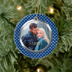 Blue First Christmas Silver Hearts Ceramic Tree Decoration