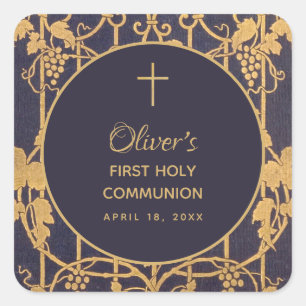 Blue First Communion Boy Gold Grape Vines Square Sticker