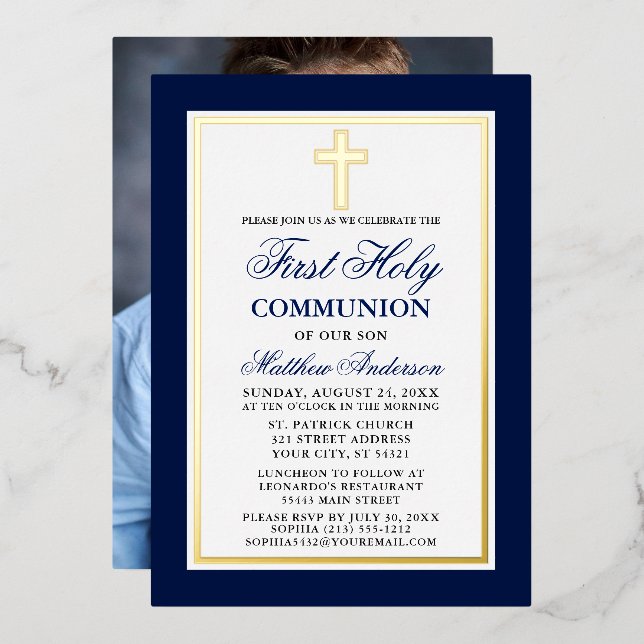 Blue First Holy Communion Photo Cross Gold (Front/Back)
