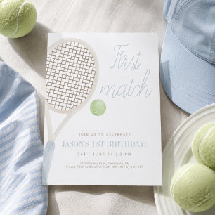 Blue First Match Tennis Birthday Invitation