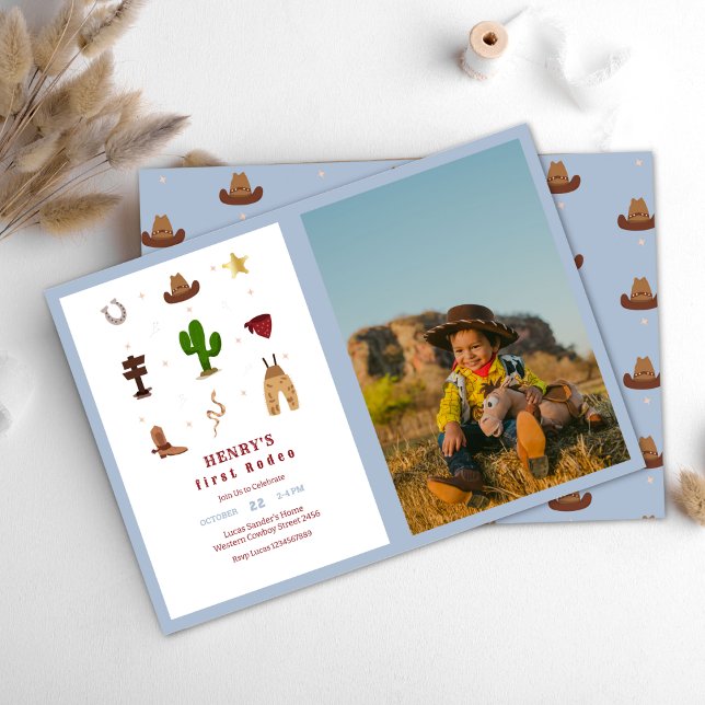 Blue First Rodeo Cowboy Kids Birthday Photo Invitation (Creator Uploaded)