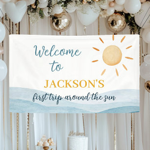 Blue First Trip Around Sun Birthday Banner