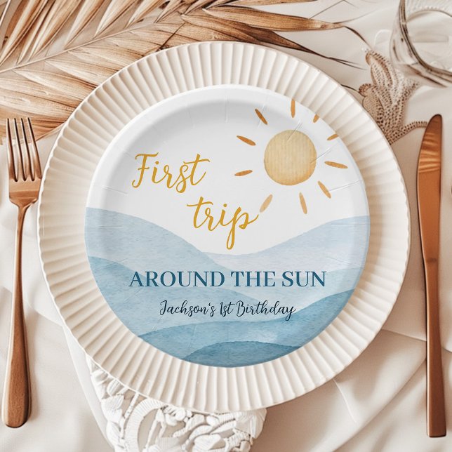 Blue First Trip Around Sun Birthday Paper Plates (Creator Uploaded)
