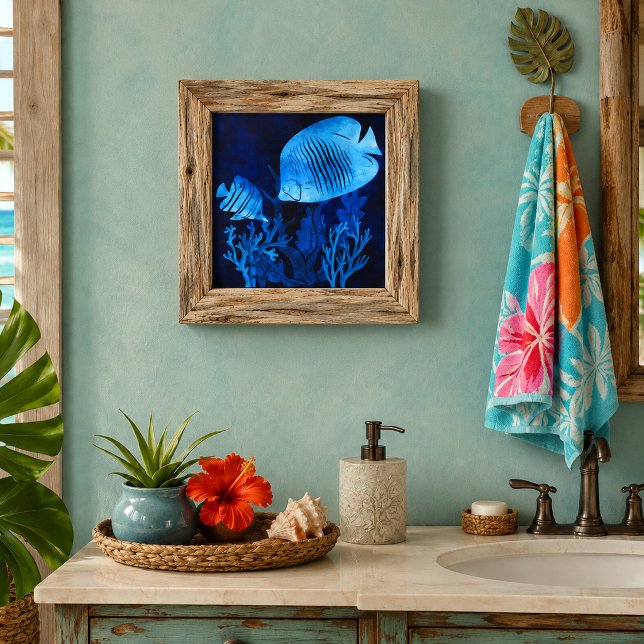 Blue Fish Deep Blue Seas Marine Life Ocean Theme Tile (watercolor illustration of blue angelfish and butterfly fish ocean marine life ceramic tile
)