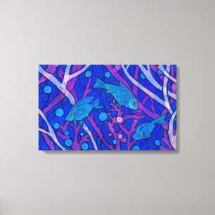 Blue Fish in Seaweed, Underwater Art Paper Collag Canvas Print