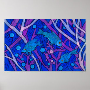 Blue Fish in Seaweed, Underwater Art Paper Collage Poster