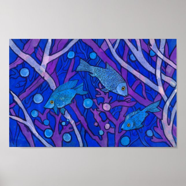 Blue Fish in Seaweed, Underwater Art Paper Collage Poster (Front)