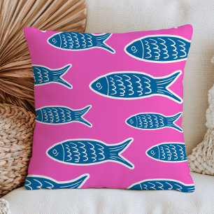 Blue Fish on Hot Pink Dopamine Aesthetic Ocean Cushion