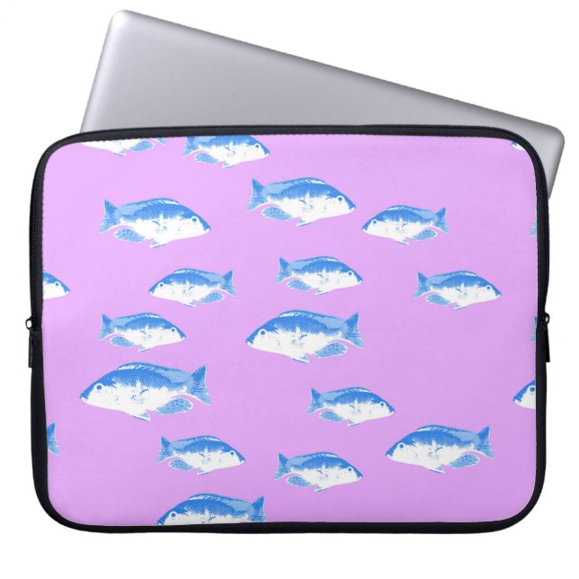 Blue fish on lilac laptop sleeve (Front)