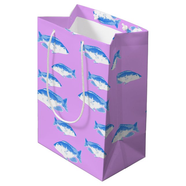 Blue fish on lilac medium gift bag (Back Angled)