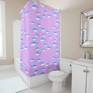Blue fish on lilac shower curtain