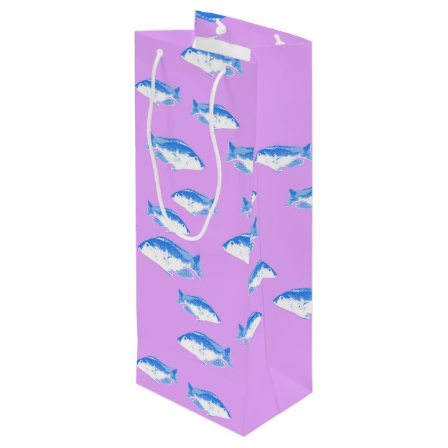Blue fish on lilac wine gift bag (Back Angled)
