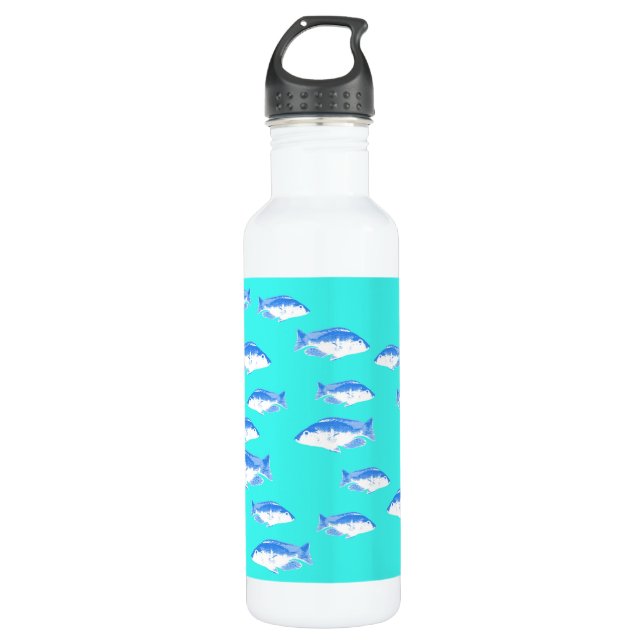 Blue fish on turquoise 710 ml water bottle (Front)