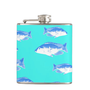 Blue fish on turquoise hip flask