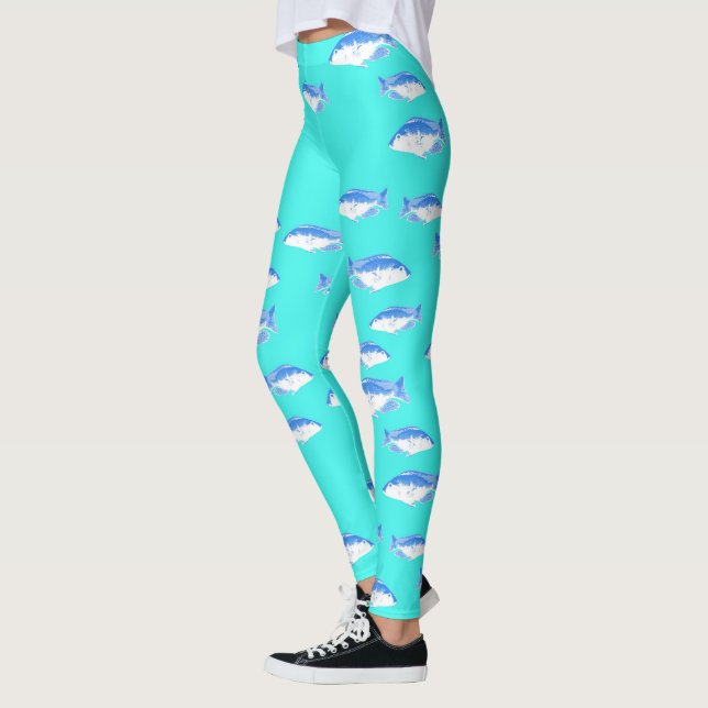Blue fish on turquoise leggings (Left)
